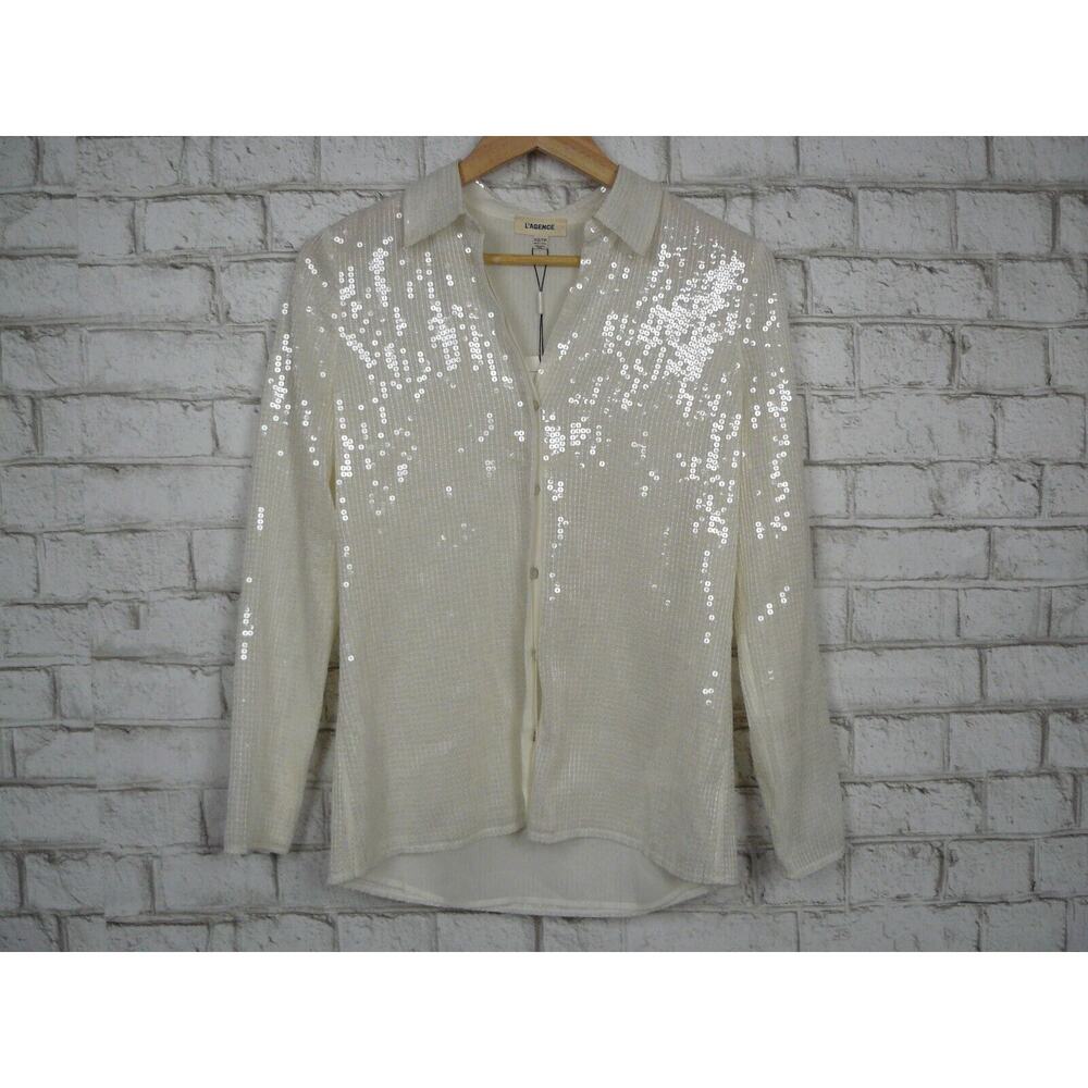 $575 L'Agence Ivory Sequin Emmie Long Sleeve Button Up Blouse XS NEW